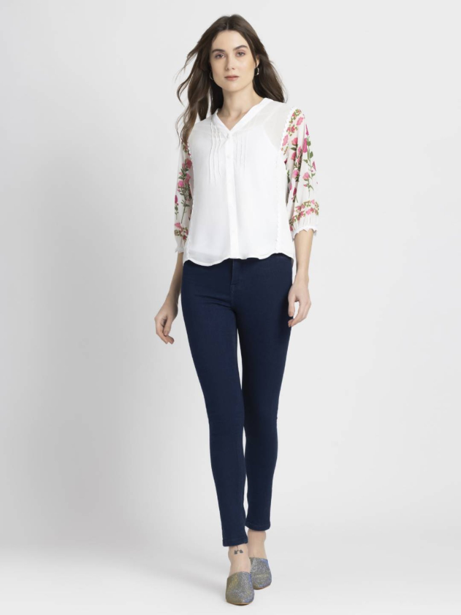 SHAYE White Floral Print Top