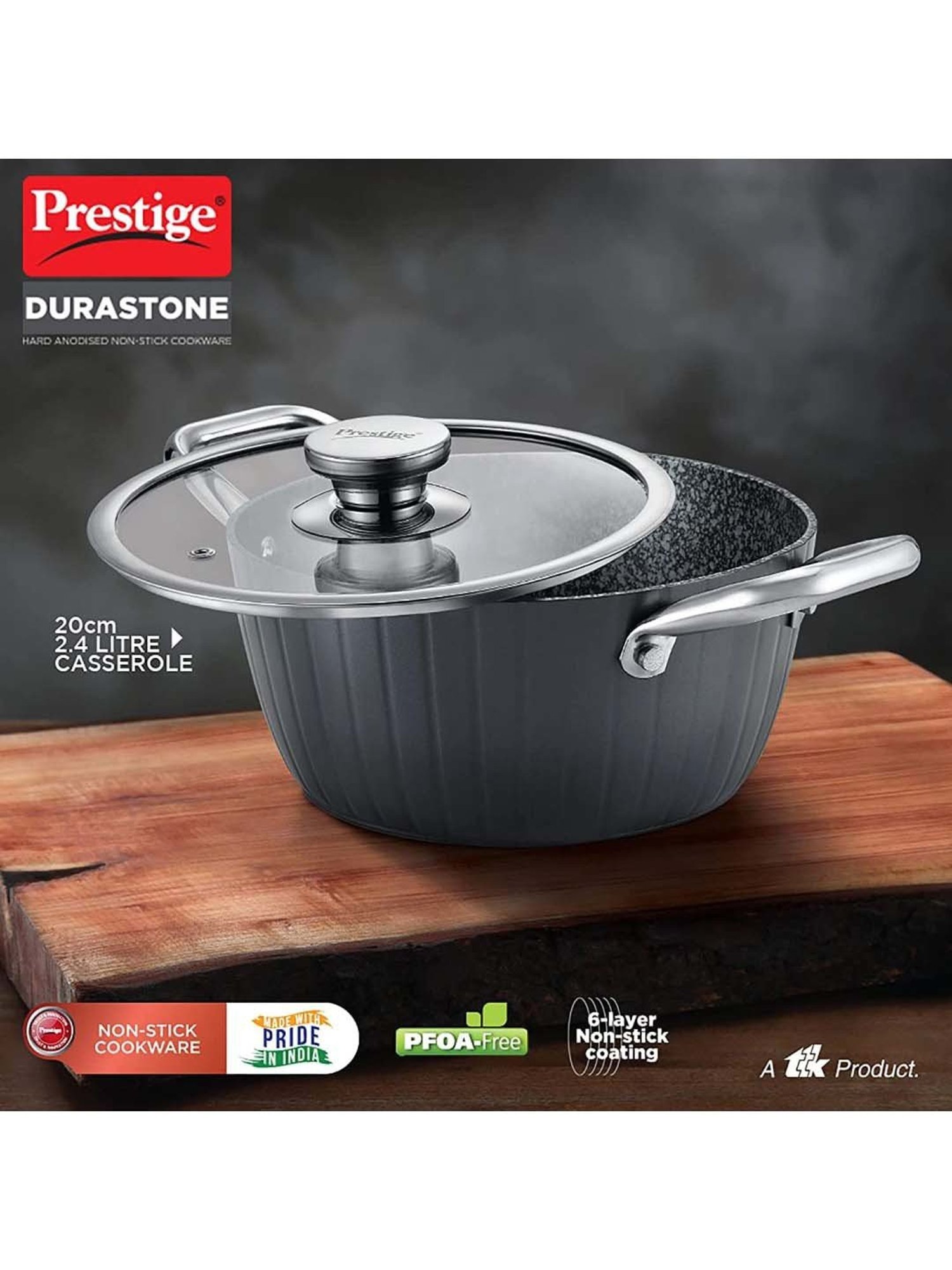 Prestige Black Hard Anodised 20 cm Non-Stick 6-Layer Casserole With Lid (2.4 L)