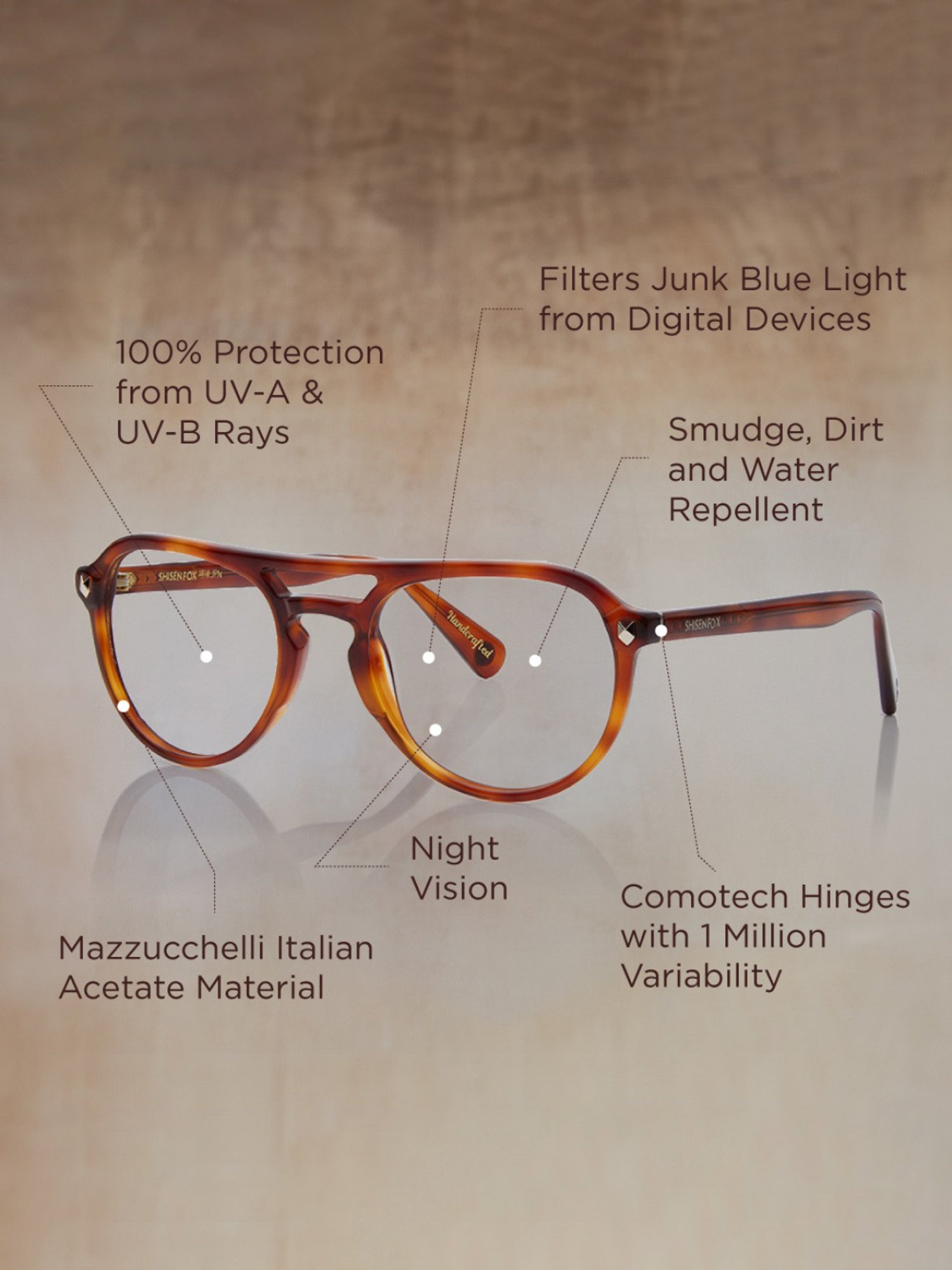 Shisen Fox Kaizen Havana Aviator Unisex Blue Filter Computer Lenses -55 mm