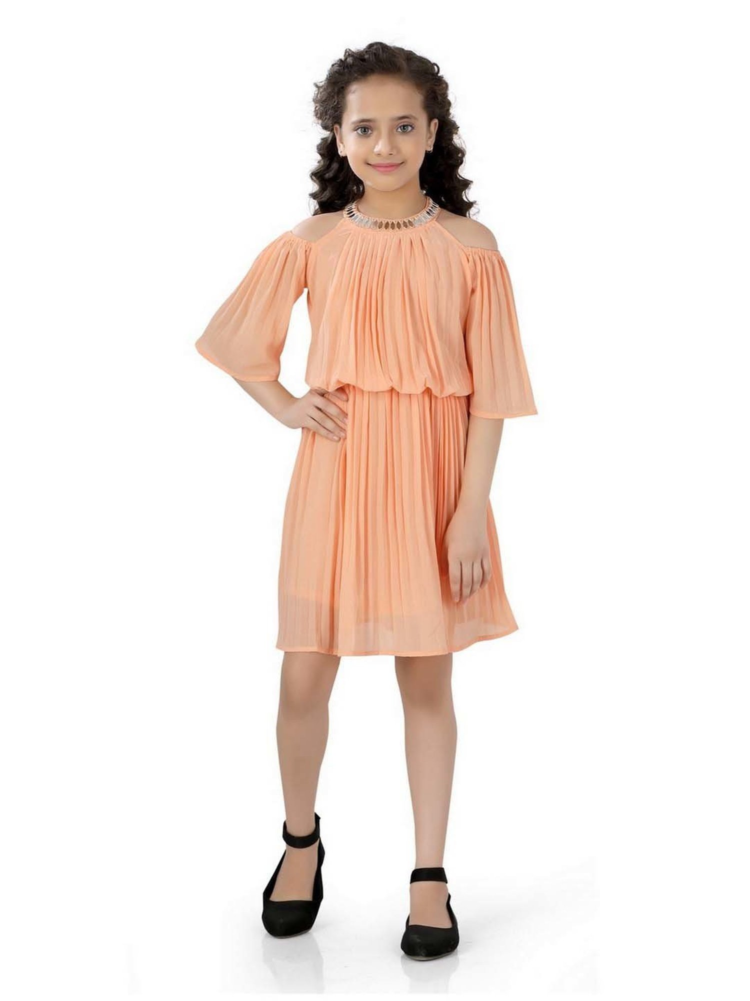 poplins Kids Peach Cotton Regular Fit Dress