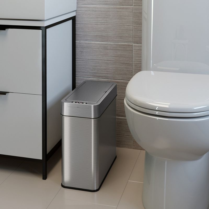 iTouchless Bathroom Sensor Trash Can with AbsorbX Odor Filter Left Side Lid Open Rectangular 4 Gallon Silver Stainless Steel