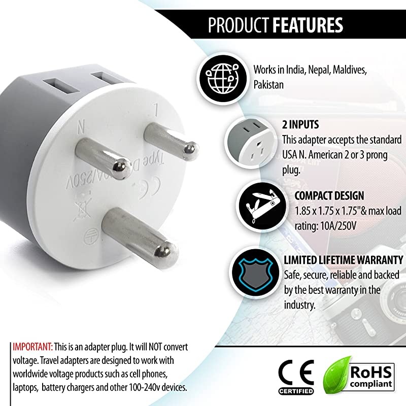 India, Nepal, Maldives Power Plug Adapter by  with 2 USA Inputs - Travel 3 Pack - Type D (US-10) Safe Grounded Use with Cell Phones, Laptop, Camera Chargers, CPAP, and More