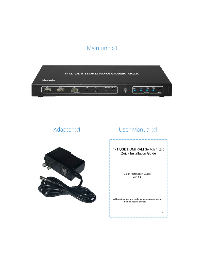 XtremPro 4x1 KVM HDMI Port 1.4 & USB Type B w/2 Channels Switch w/USB Type A 2.0 Keyboard, Mouse, Console, Audio & Microphone Port for Window, Mac, Linux, Game consoles, DVD etc- Black (61077)