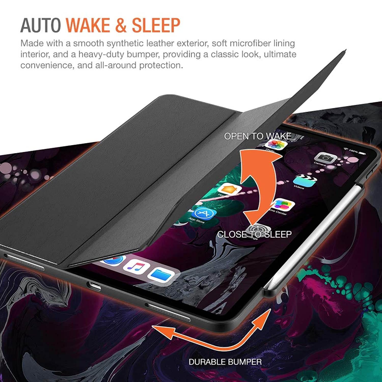 Trianium iPad Pro 12.9 Inch Case, Compatible iPad 12.9 2018 3rd Release (Holder Support Apple Pencil Charging) Heavy Duty Full-Body Rugged Protective Cover Smart Foldable Stand/Auto Wake/Sleep Design