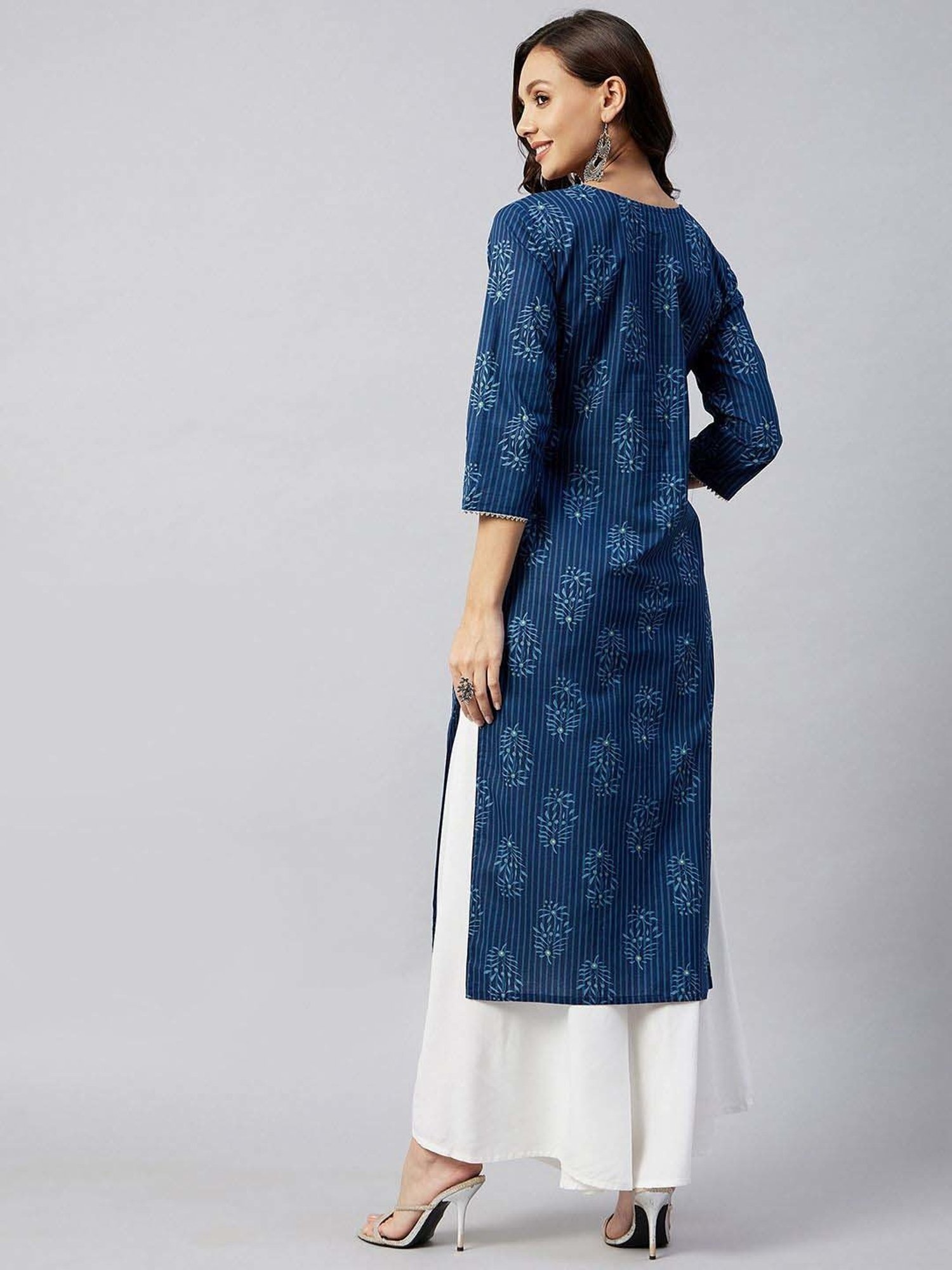 Inweave Blue Cotton Embroidered Straight Kurta