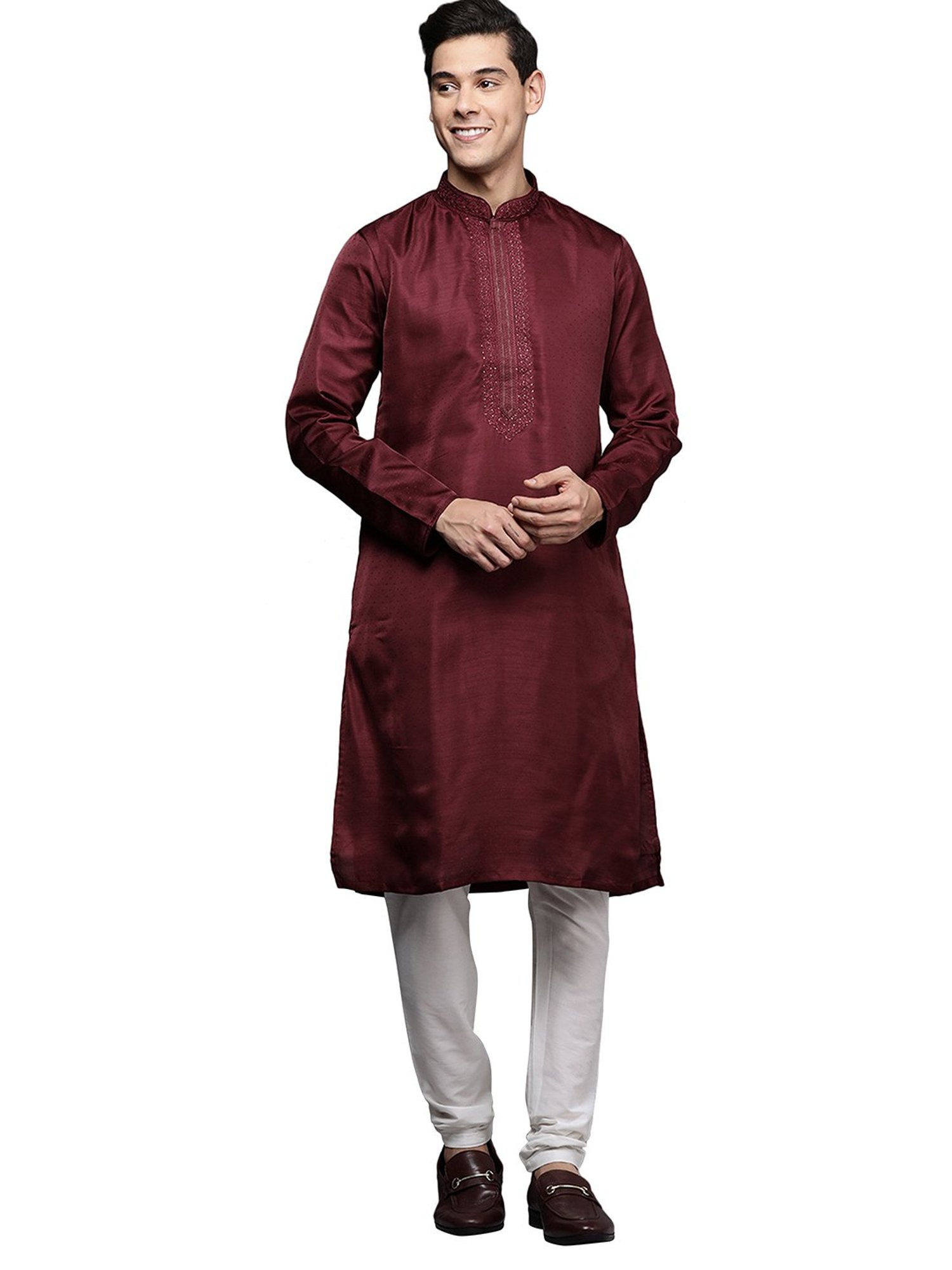Manyavar Maroon & White Self Design Kurta & Churidar Set