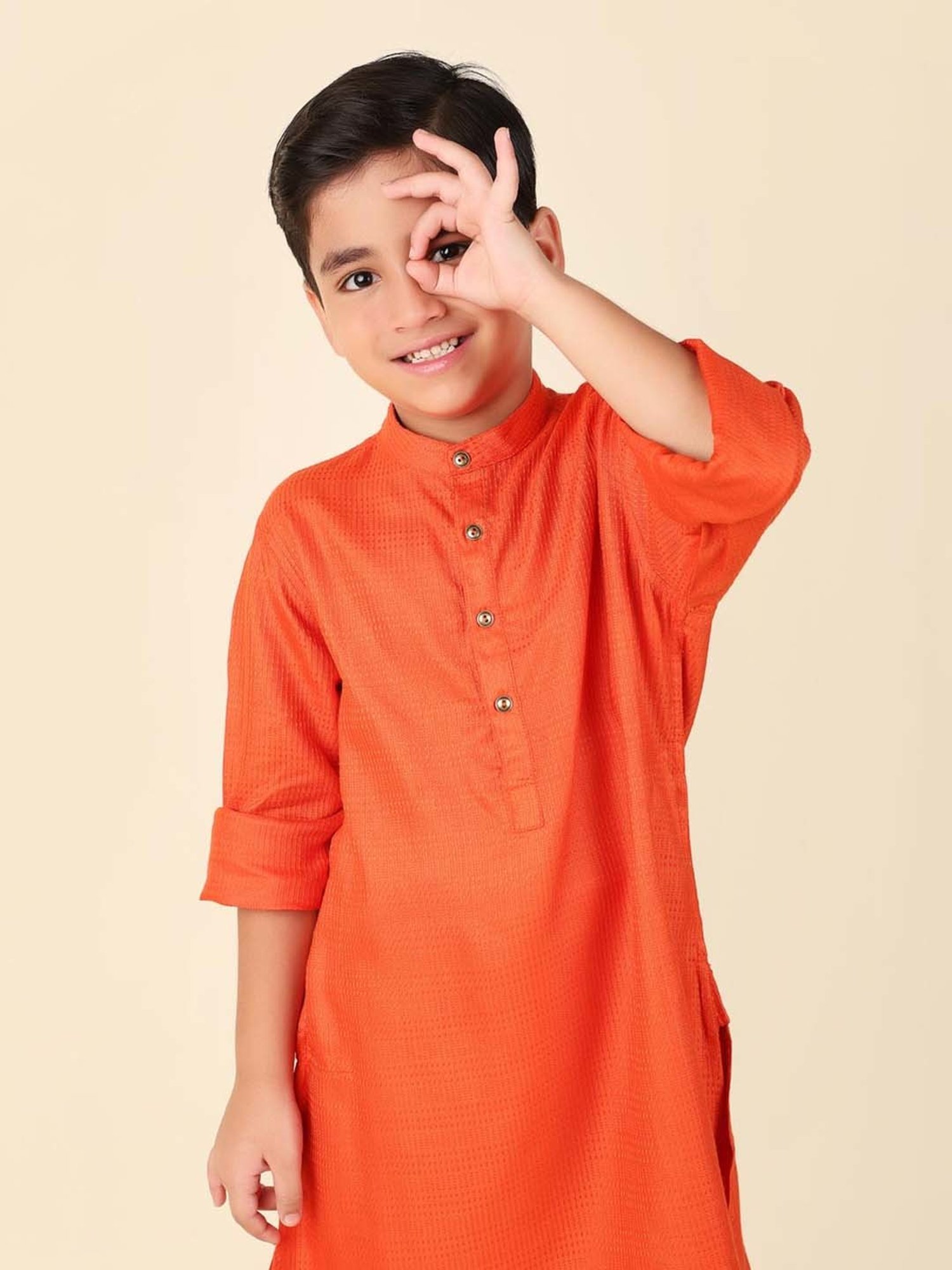Fabindia Kids Orange Textured Pattern Full Sleeves Kurta