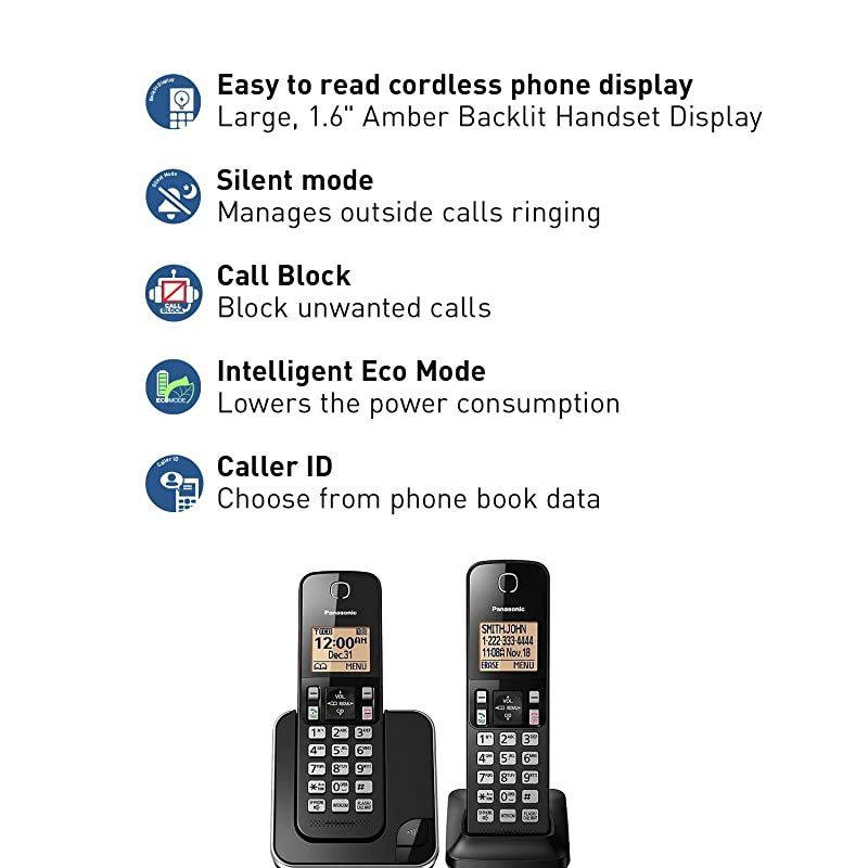 Expandable Cordless Phone System with Amber Backlit Display 2 Handsets KXTGC352B Black