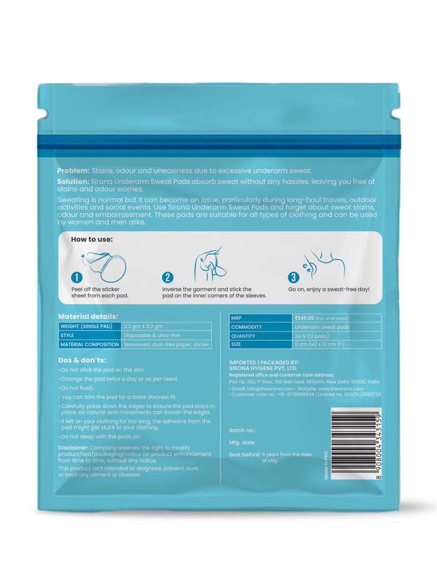 Sirona Anti Stain Underarm Sweat Pads - 24 Pad