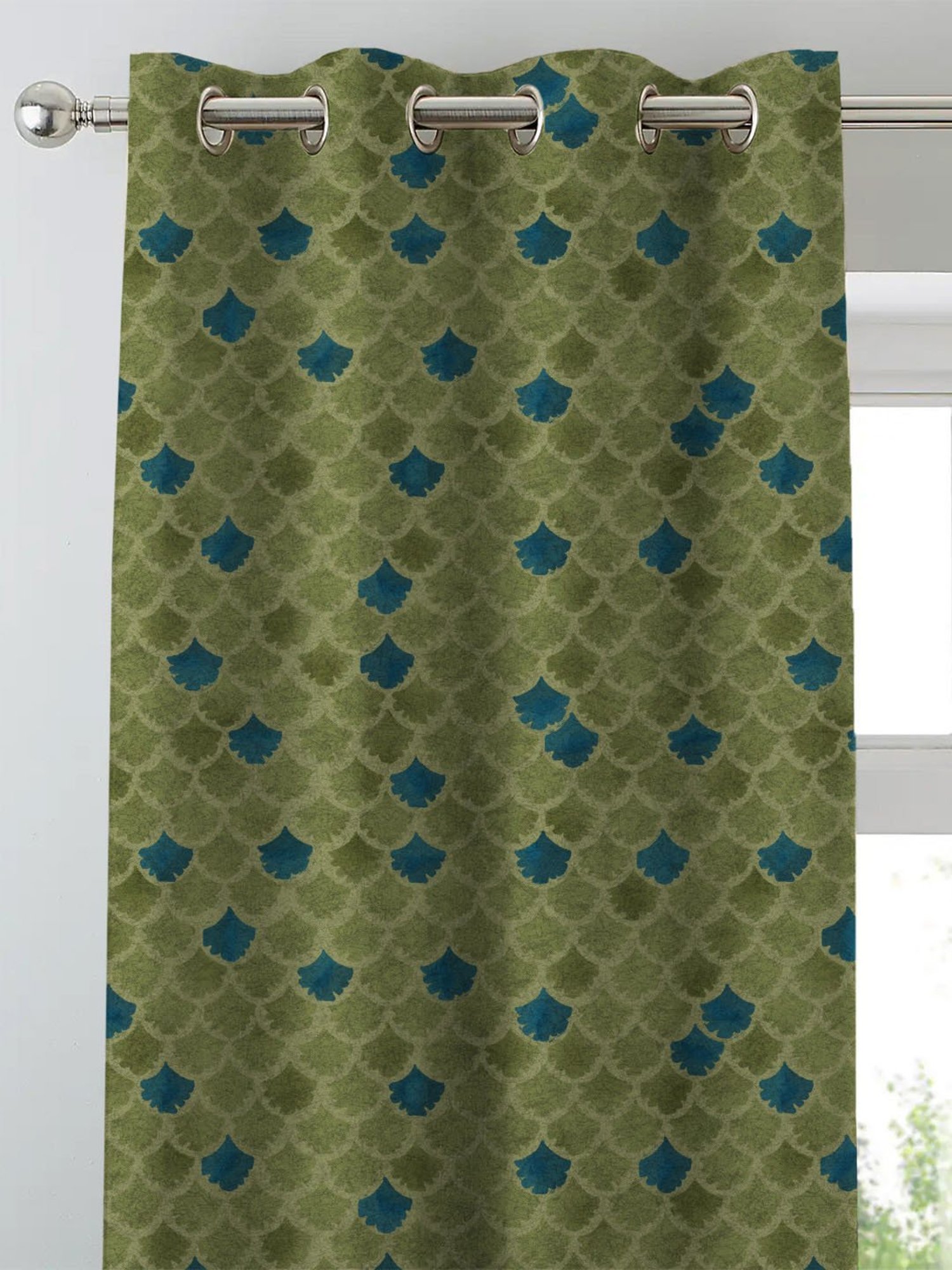 SPACES DRAPE STORY Elegent Green & Blue Polyester 5 ft Window Curtain - Set of 2