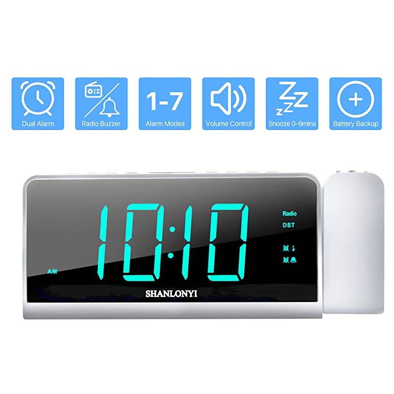 Alarm Clock with AM/FM Radio, 180&deg;Projector, 7" LED Digital Ceiling Display, Easy to Use, Clear Cyan Digit, 3 Dimmer, Digital Alarm Clock with USB Phone Charger, Battery Backup for Bedroom