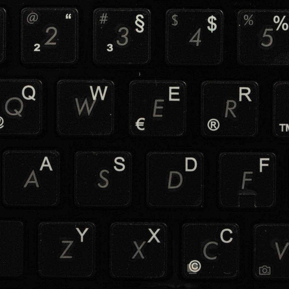 German Keyboard Decals ON Transparent Background with Blue, Orange, RED, White OR Yellow Lettering (14X14) (White)