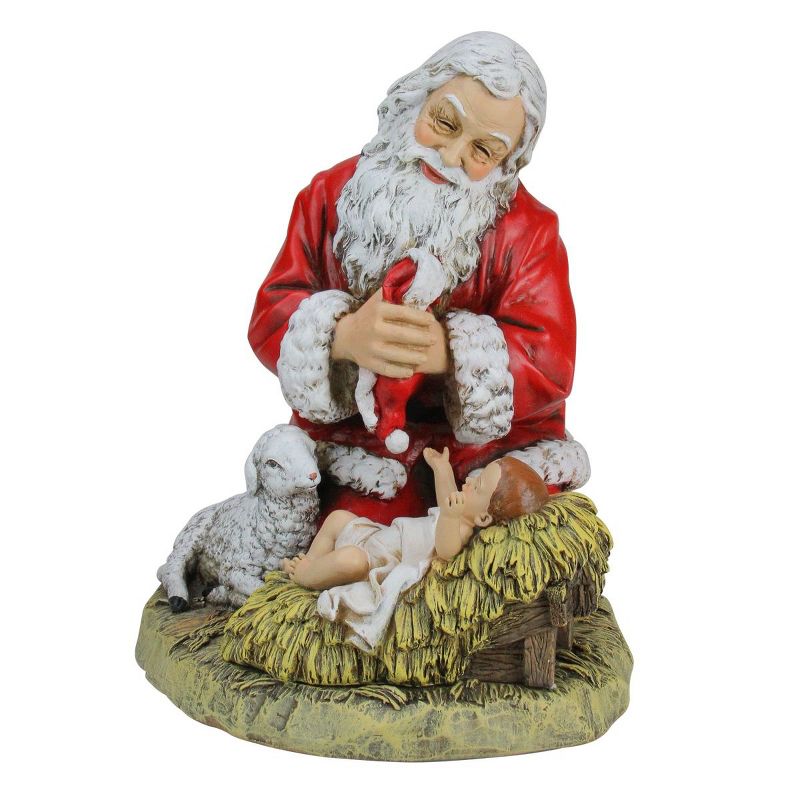 Roman 13.25" Red and White Kneeling Santa with Baby Jesus Christmas Figure
