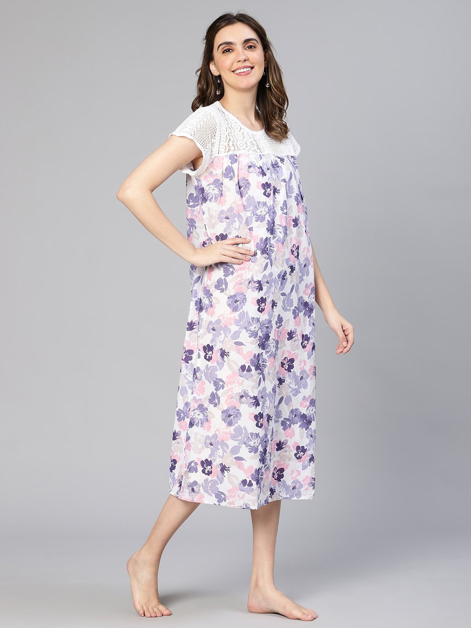 Oxolloxo Multicolor Cotton Floral Print Night Dress