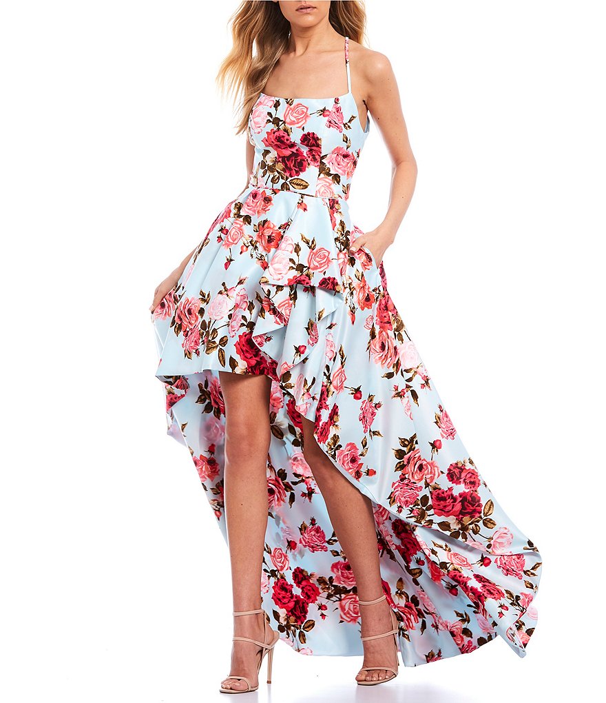 Blondie Nites Spaghetti Strap Floral Print High-How Hem Dress
