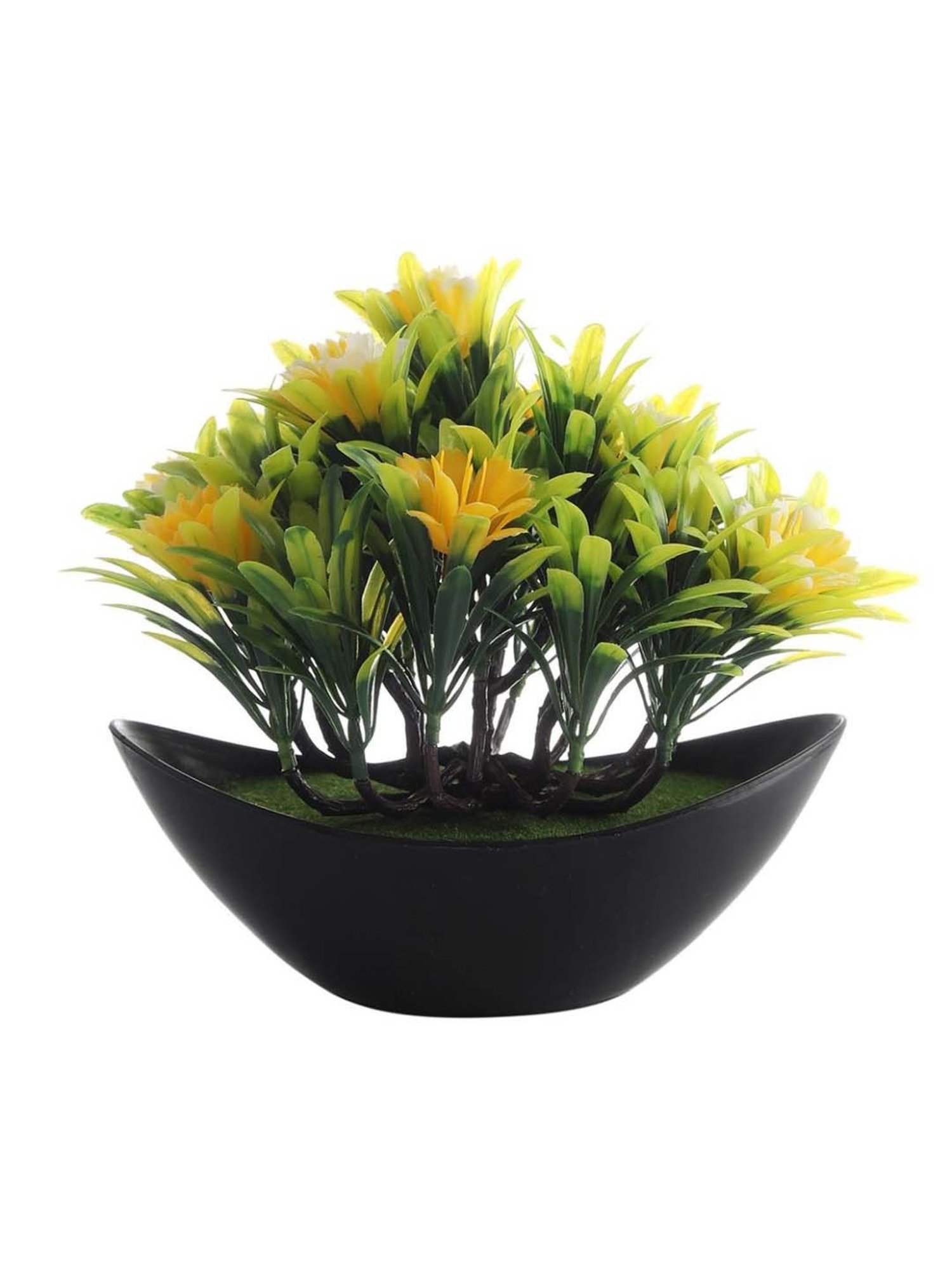 Foliyaj Green & Yellow Plastic Artificial Plant With Big Leaves And Flowers