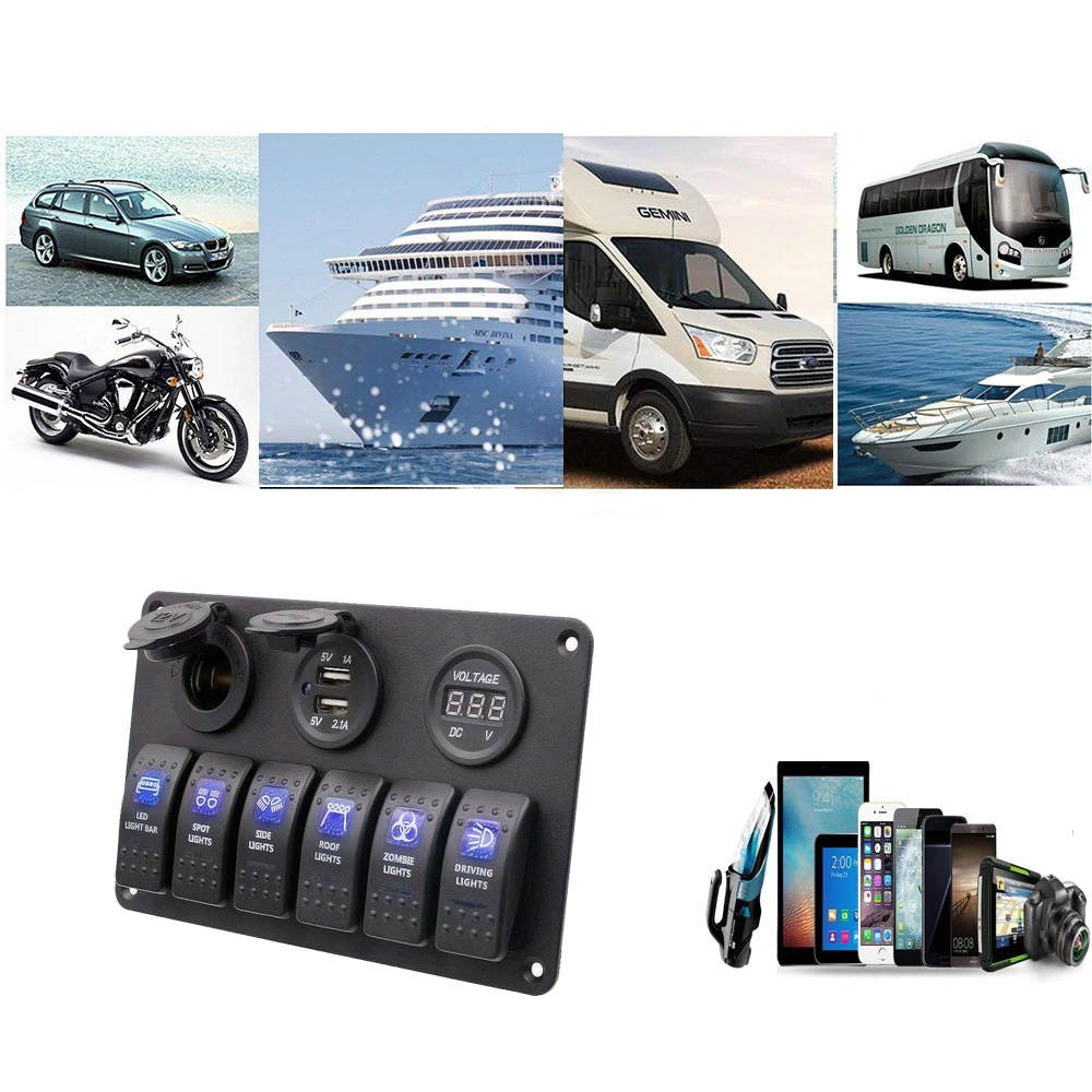 6Gang ON-OFF Toggle Switch Panel For Car Marine RV Truck Camper Boat With USB 12V-24V Socket Charger LED Voltmeter Accessories