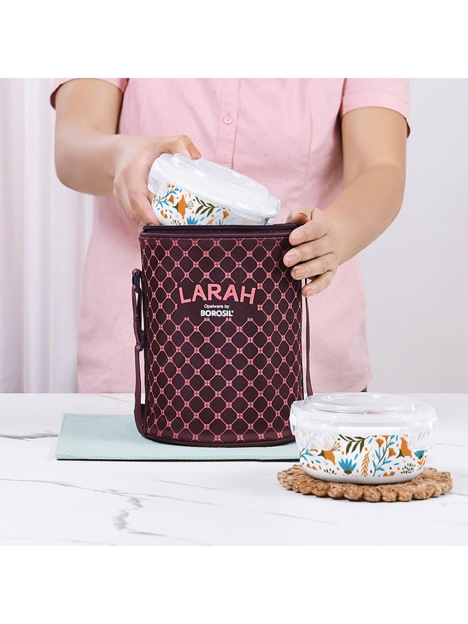 Larah by Borosil Blue Opalware Lunch Box with Lunch Bag