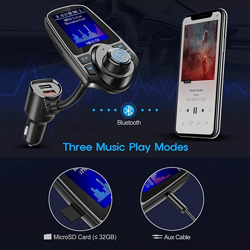 Bluetooth FM Transmitter for Car 18 Color Screen Radio Adapter W QC30 5V24A Charging Handsfree Call Support microSD Card Aux Play EQ Modes KM18 Upgraded Version Black