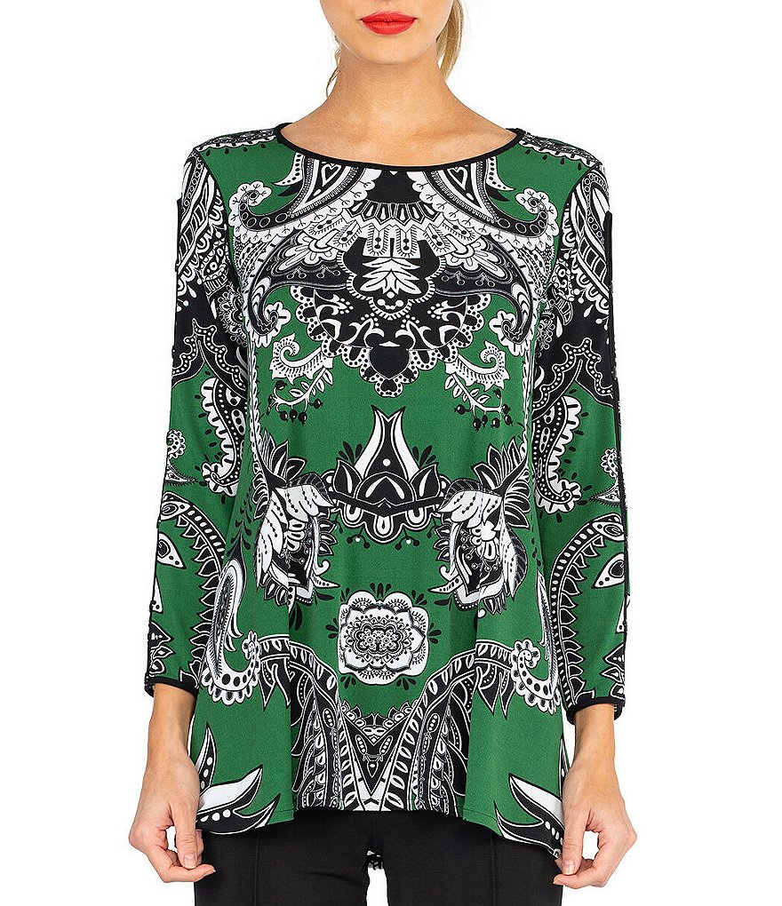 Eva Varro Bandana Paisley Print Knit Boat Neck Bracelet Long Sleeve Swing Tunic