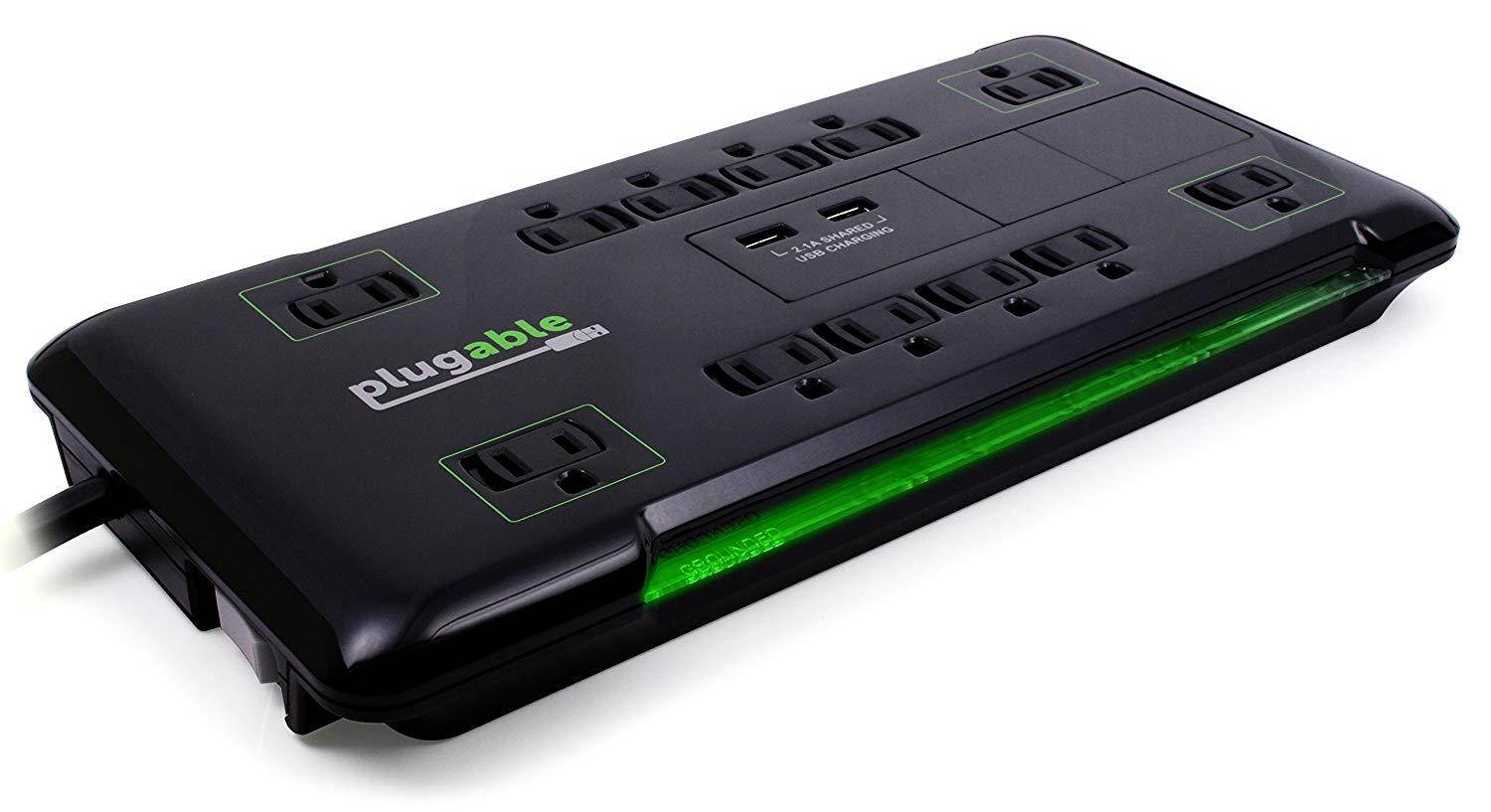 Plugable 12 AC Outlet Surge Protector - 25 Foot Power Cord with 2 Built-in USB Ports (10.5W USB Total) (Black)