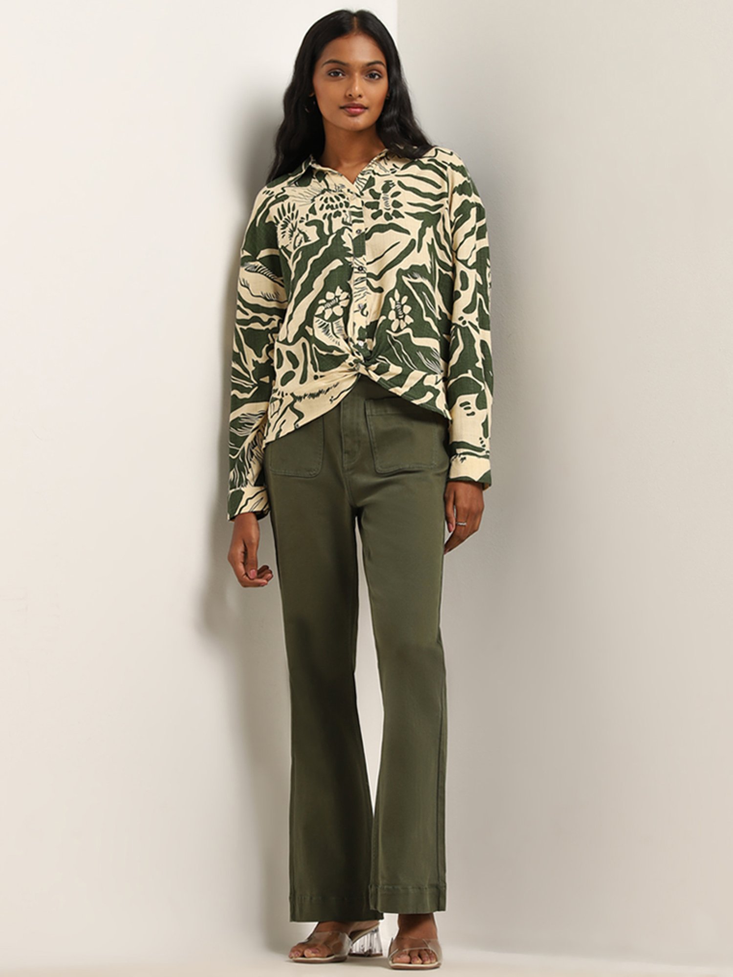 LOV by Westside Beige & Olive Abstract Printed Blended Linen Blouse