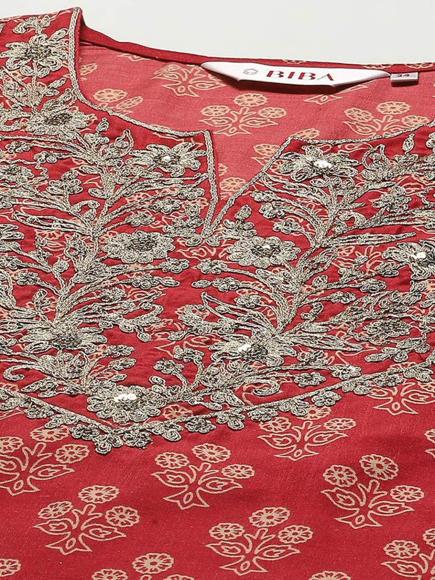 Biba Red Printed Kurta Palazzo Set With Dupatta