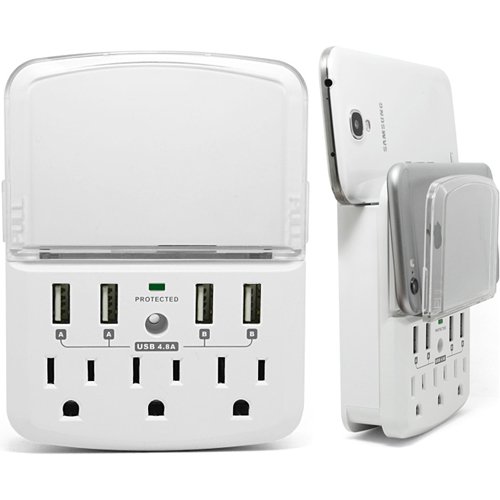 RND Wall Power Station includes 3 AC Plugs and 4 USB ports (4.8A total) with Surge Protection and a slide-out holder and shelf for iPhone  Galaxy (S  Note)  LG  HTC One  Moto X  Nexus (White)