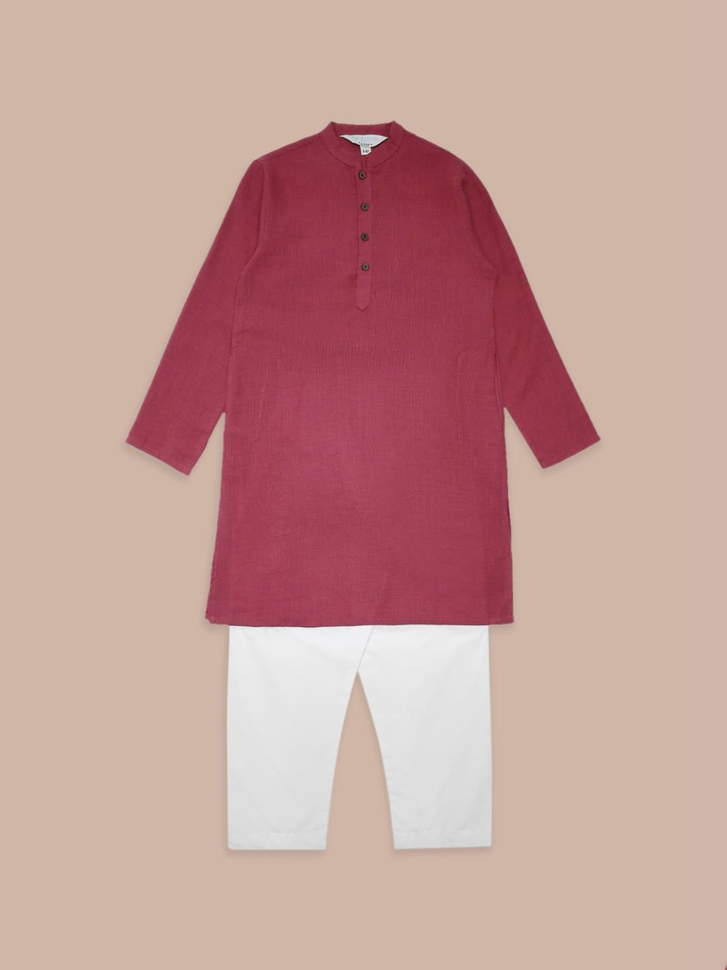 Indus Route by Pantaloons Kids Pink & White Cotton Self Pattern Full Sleeves Kurta Set