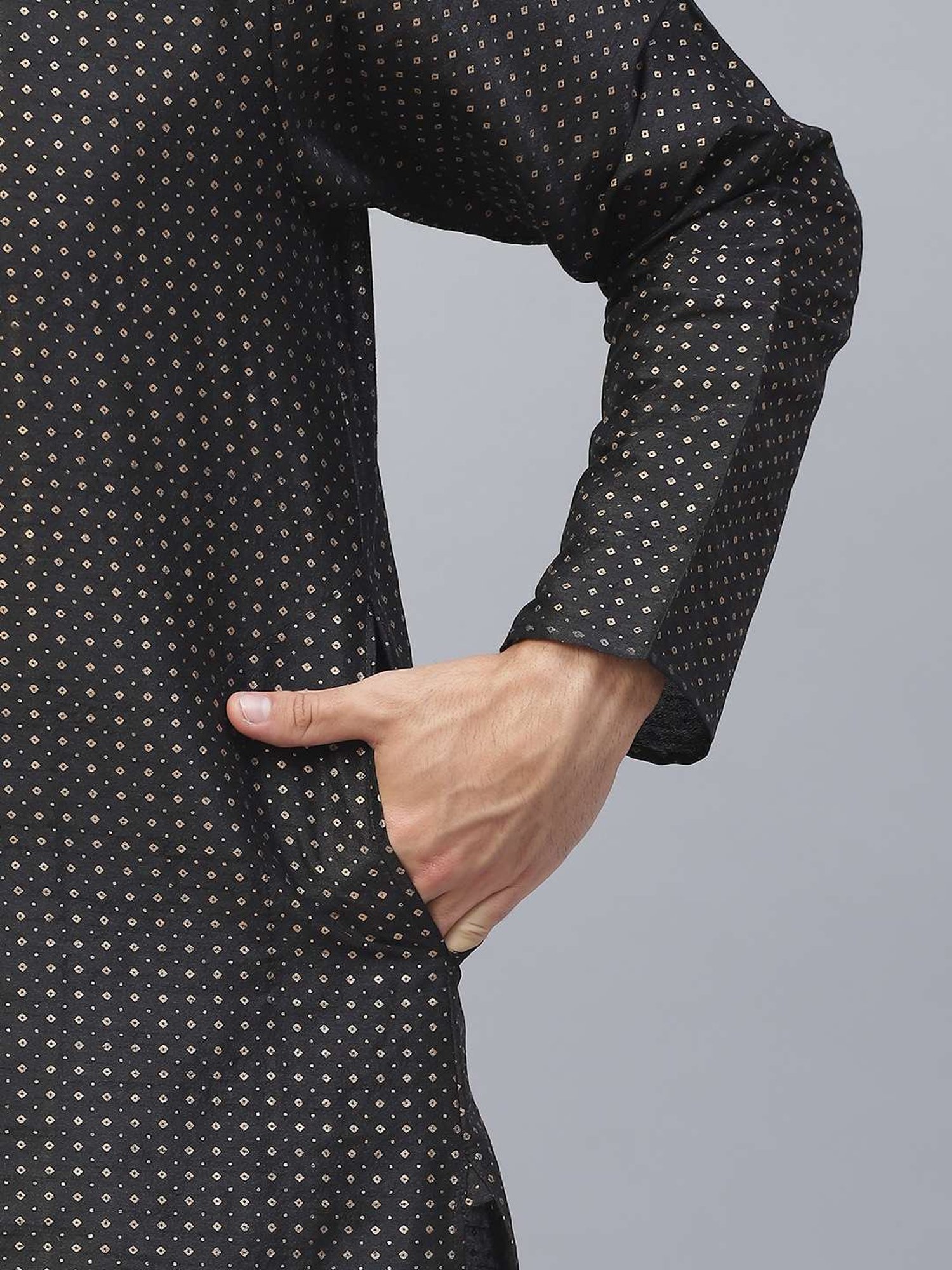 ManQ Black & White Regular Fit Printed Kurta Bottom Set