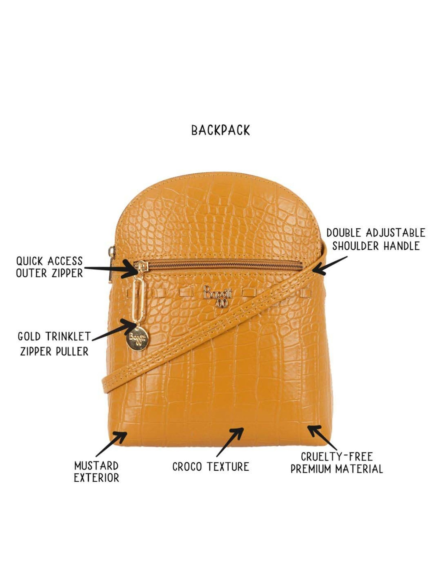 Baggit Mustard PVC Textured Backpack - 3.23 Ltrs