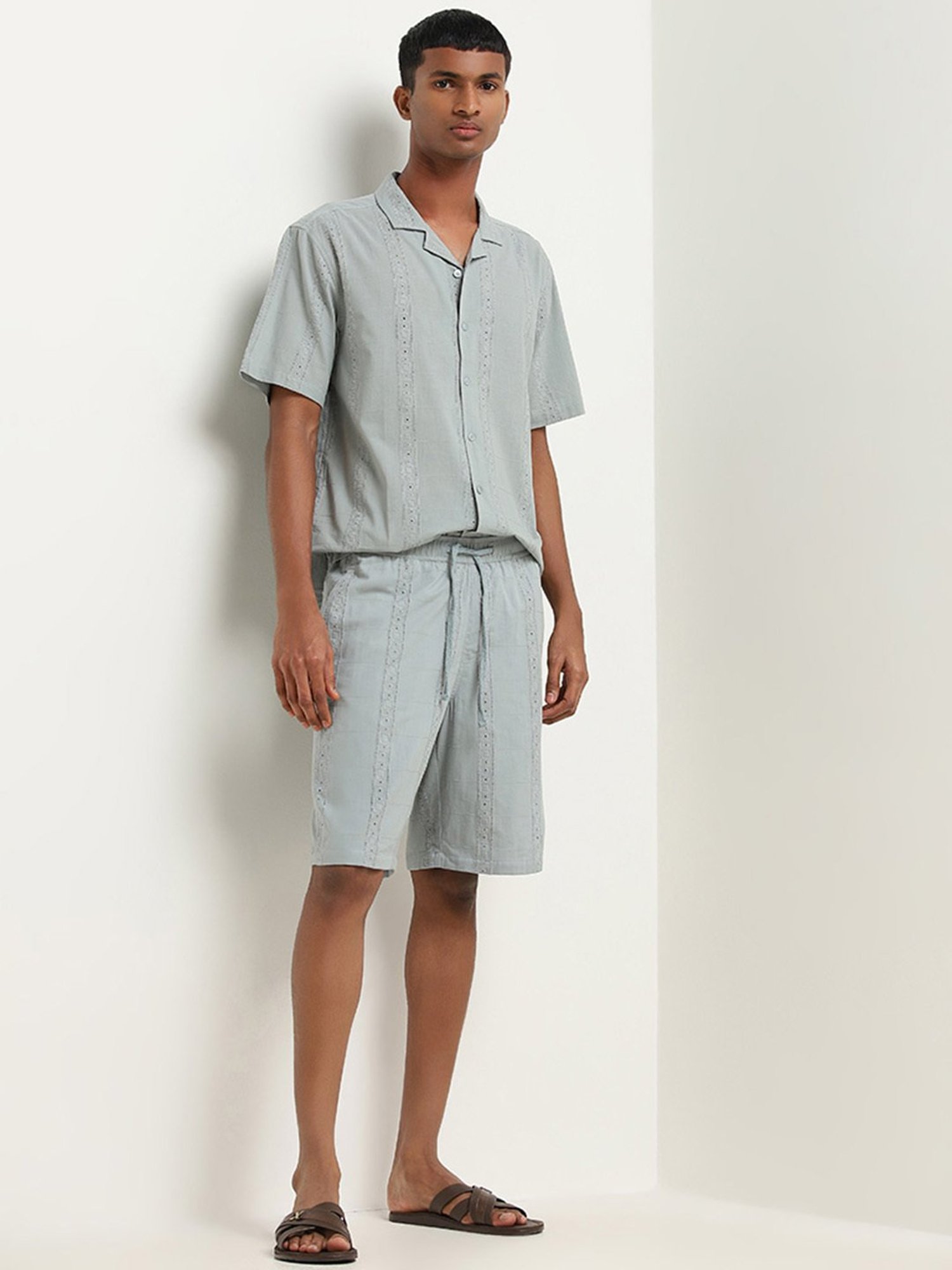 ETA by Westside Dusty Teal Schiffli Design Relaxed-Fit Cotton Shirt