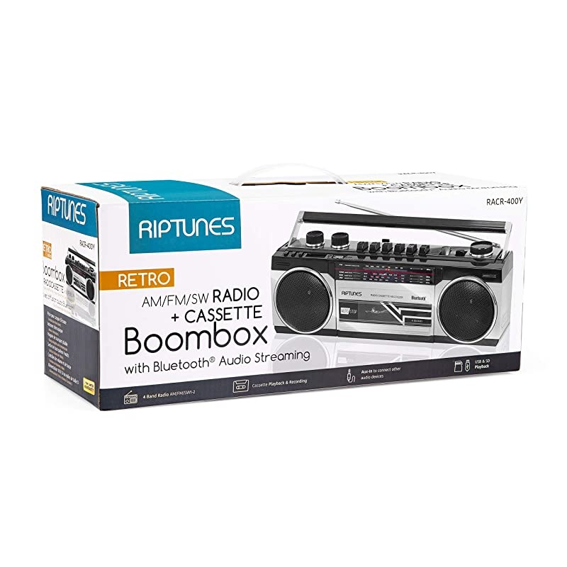 Cassette Boombox Retro Blueooth Boombox Cassette Player and Recorder AMFM SW1SW2 Radio4Band Radio USB SD Silver
