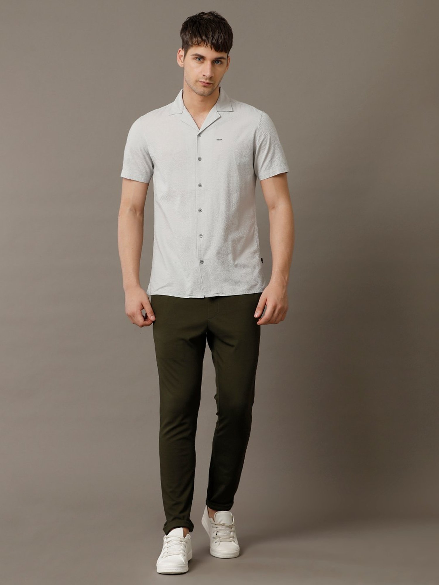 Identiti Grey Slim Fit Self Design Shirt