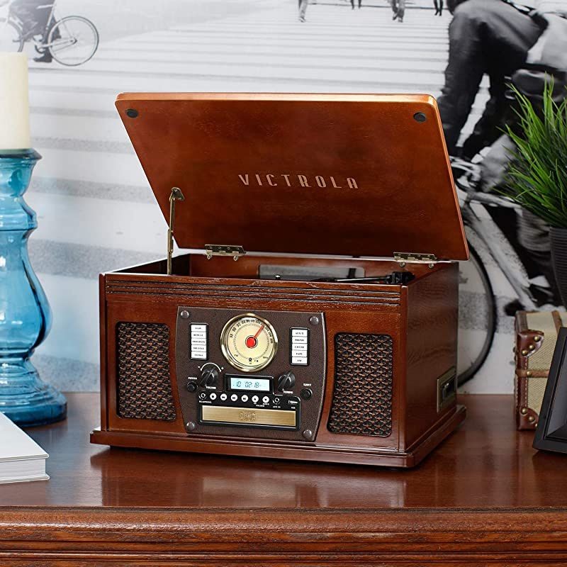 8-in-1 Bluetooth Record Player & Multimedia Center, Built-in Stereo Speakers - Turntable, Wireless Music Streaming | Espresso