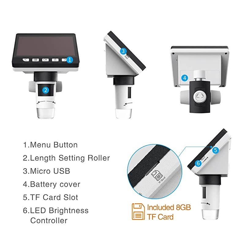 LCD Digital Microscope  43 inch 50X1000X Magnification Zoom HD 1080P 2 Megapixels Compound 2600 mAh Battery USB Microscope 8 Adjustable LED Light Video Camera Microscope with 8G TF Card