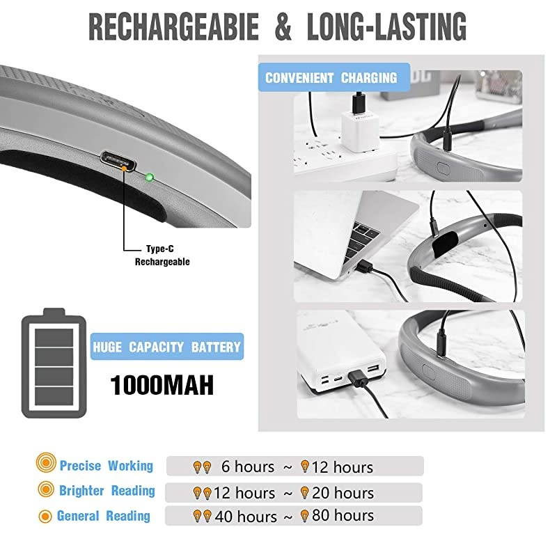 LED Neck Reading Light Book Light for Reading in Bed 3 Colors 6 Brightness Levels Bendable Arms Rechargeable Long Lasting Perfect for Reading Knitting Camping Repairing