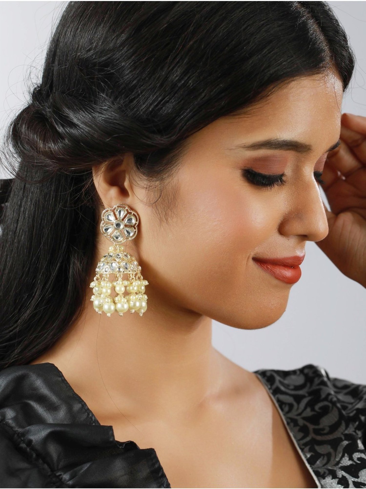 Aatmana Kundan Studded & Beaded Contemporary White Jhumki Earrings for Women