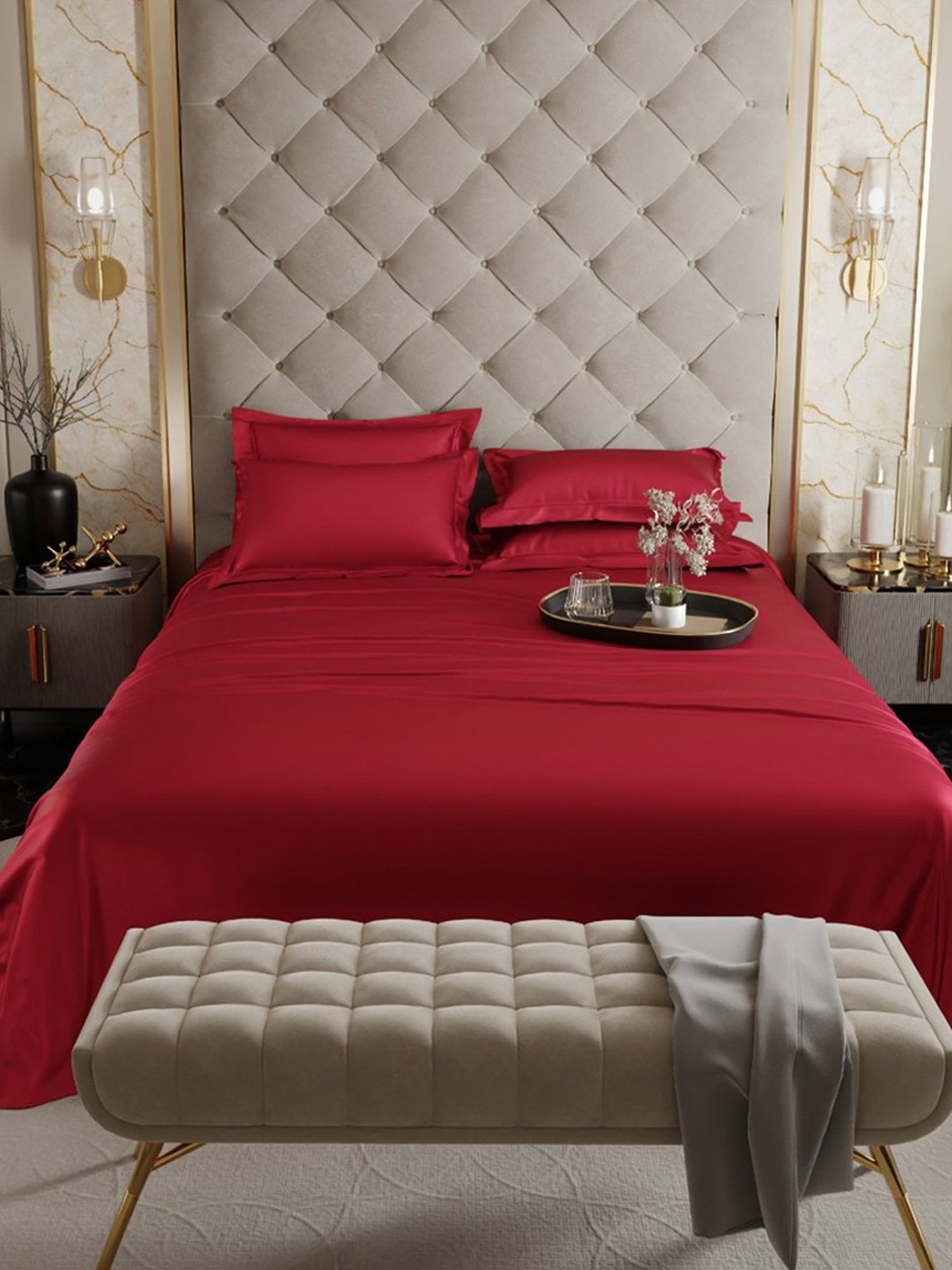 Stoa Paris Date Night Collection 300 TC Red Sateen Super King Bed Sheet with 4 Pillow Covers