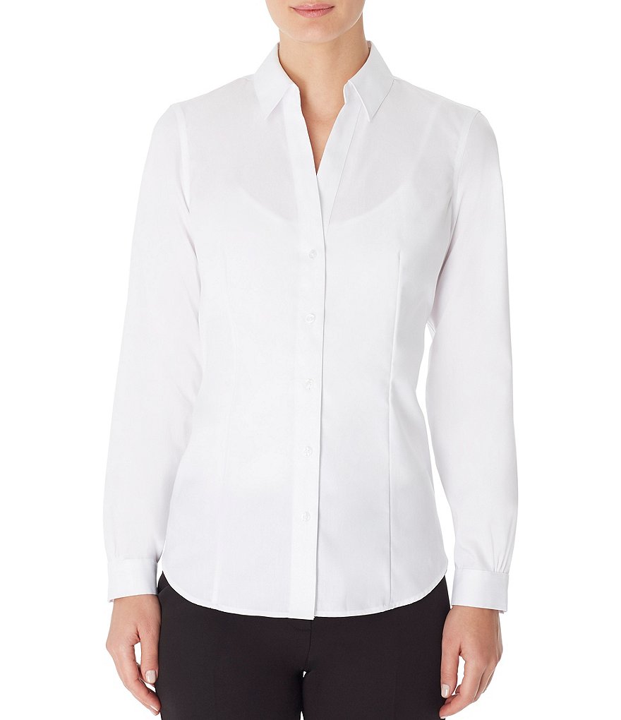 Jones New York Easy-Care Cotton Long Sleeve Point Collar Neck Button-Front Shirt