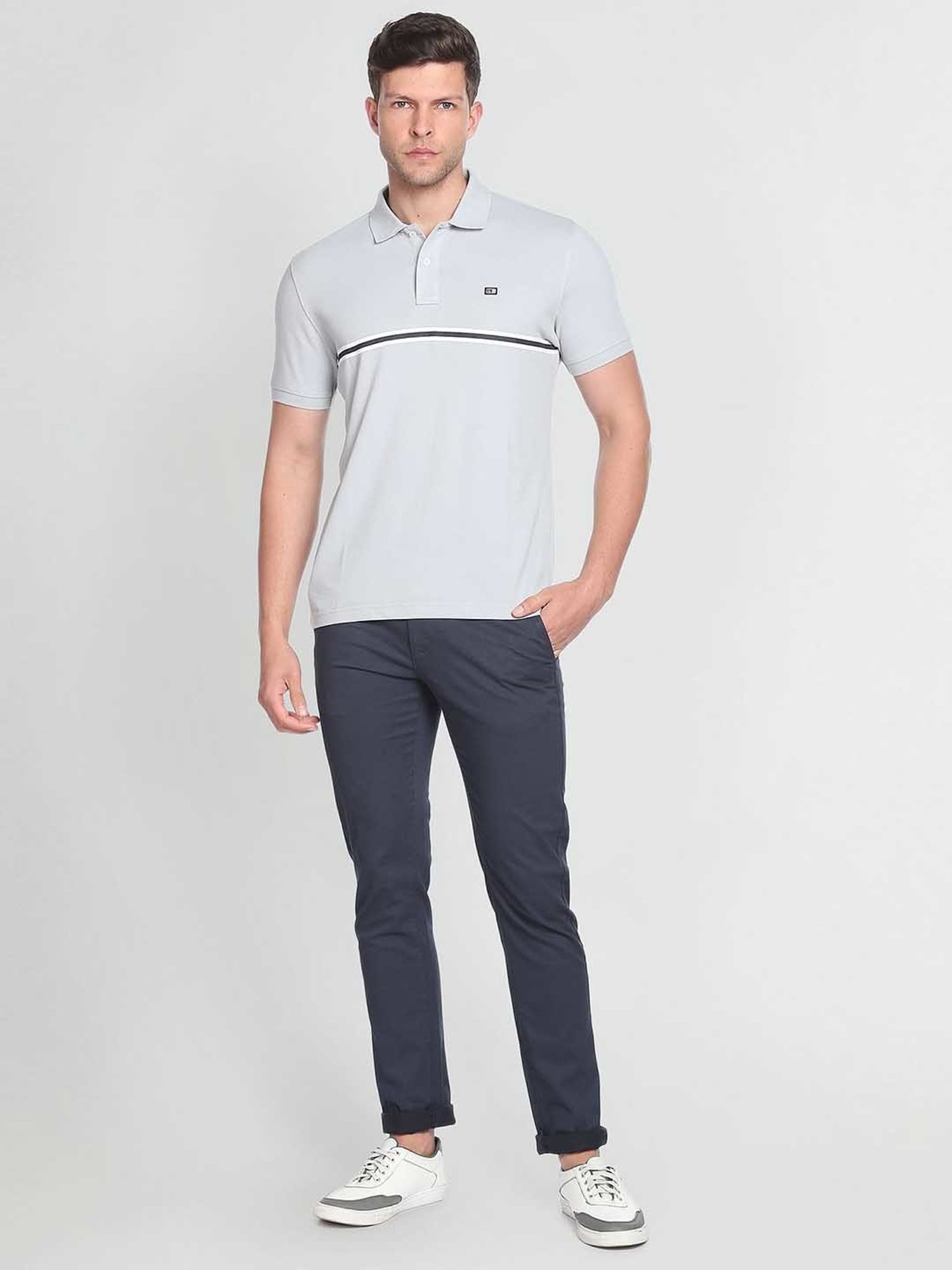 Arrow Sport Light Grey Cotton Regular Fit Striped Polo T-Shirt
