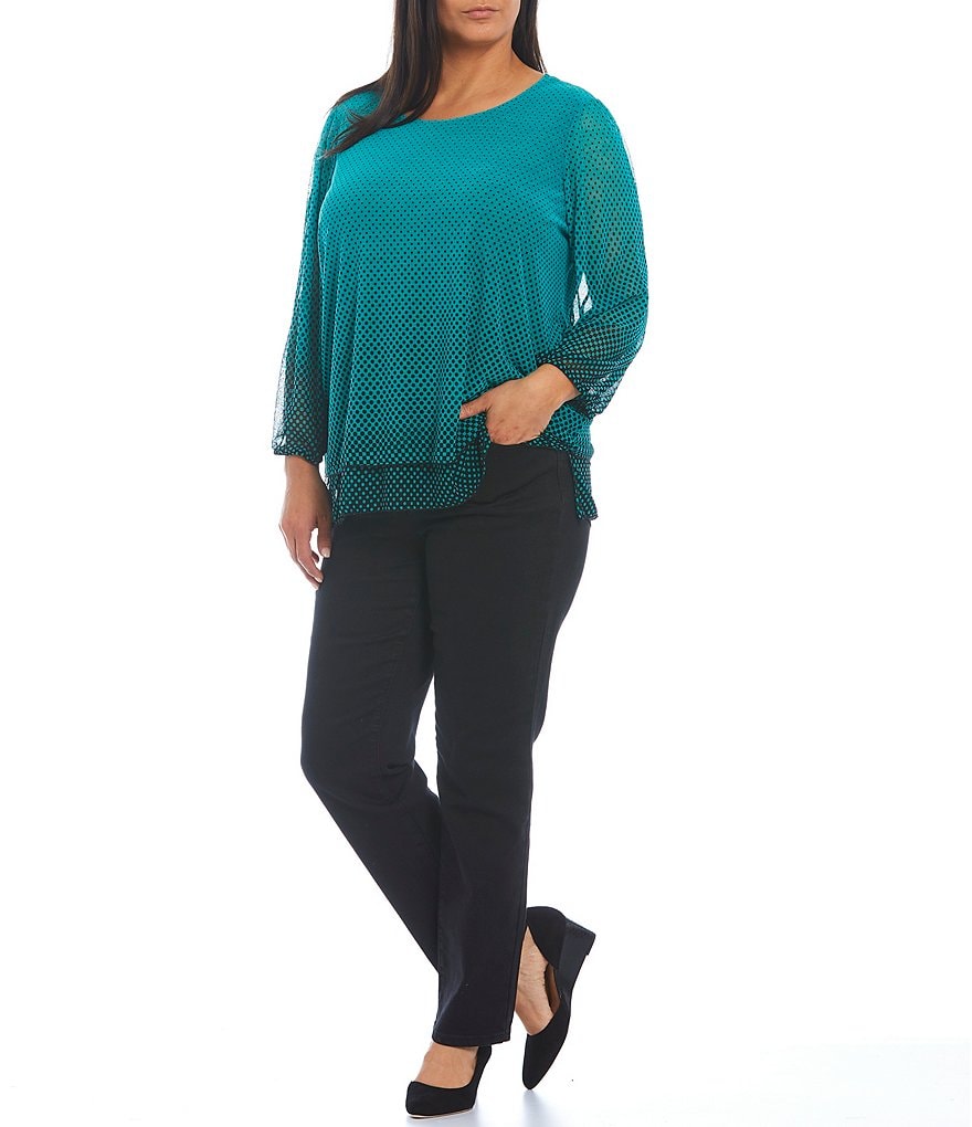 Ali Miles Plus Size Ombre Dot Print Onionskin Knit Long Sleeve Jewel Neck Hi-Low Ruffle Hem Tunic
