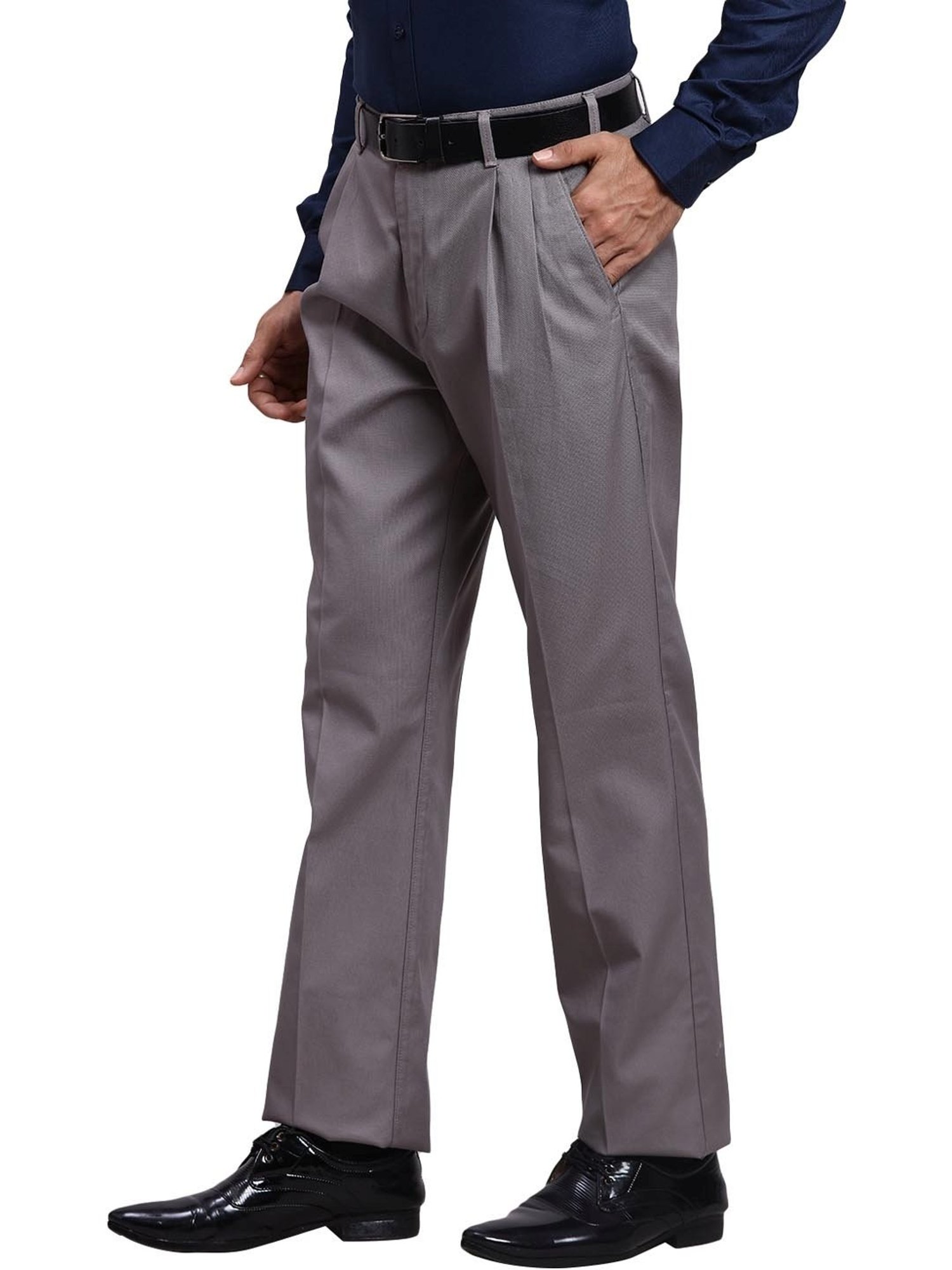 ColorPlus Grey Cotton Regular Fit Trousers