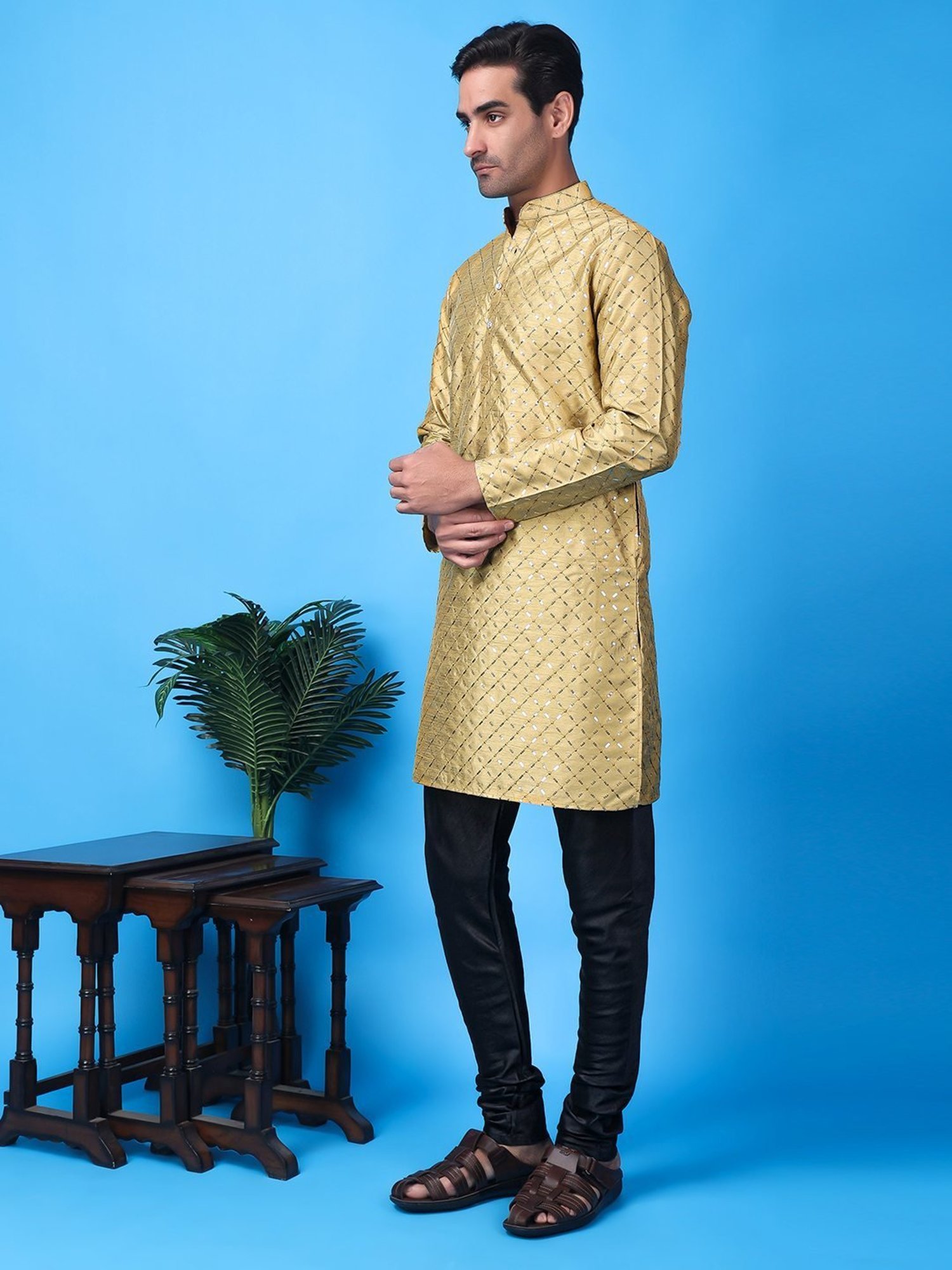 Hangup Khaki & Black Regular Fit Embellished Kurta Bottom Set