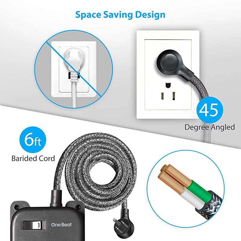 6 Outlets Power Strip with 3 USB (3.1A,15W),  Wall Mountable Power Strip Flat Plug with 6Ft Braided Extension Cord, Overload Protection for Travel Desk Office Home Cruise Ship
