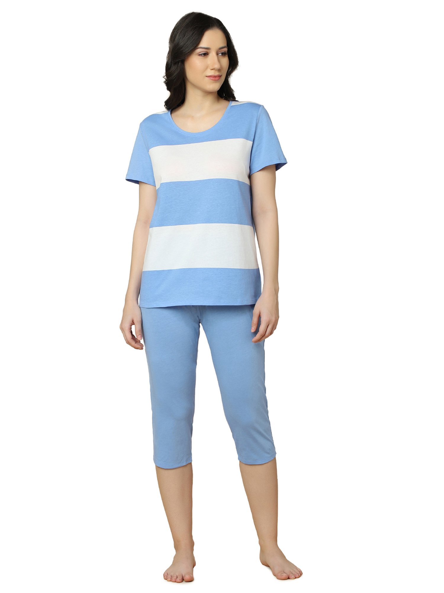 Triumph Blue Cotton Striped Top & Capris Set