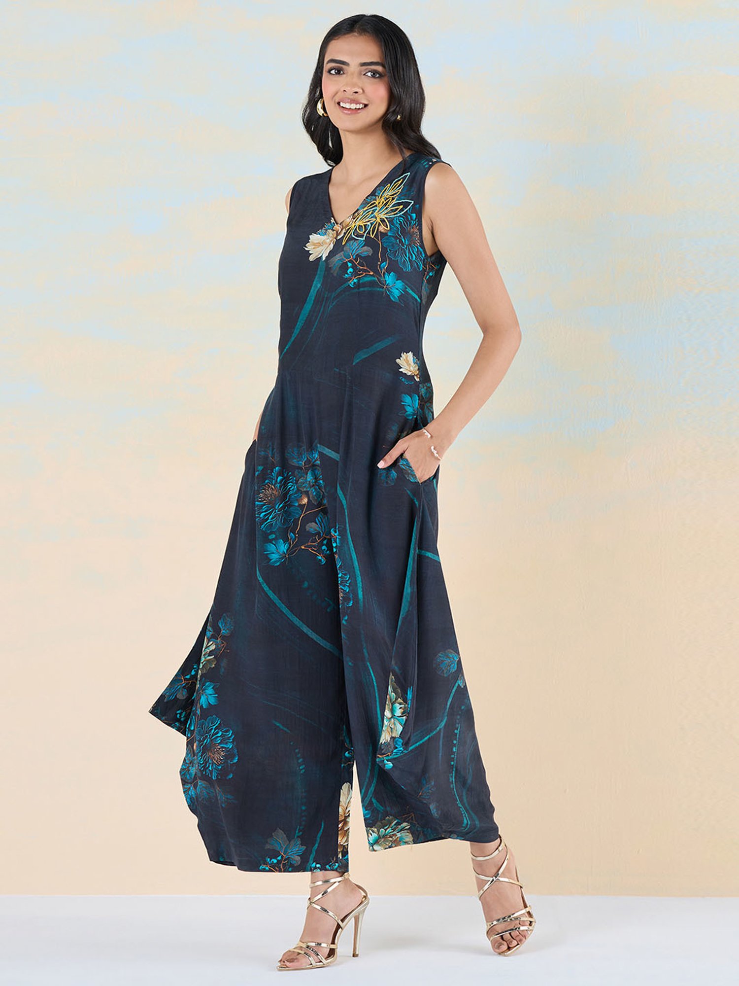 navyasa by liva Teal Floral Print Jumpsuit