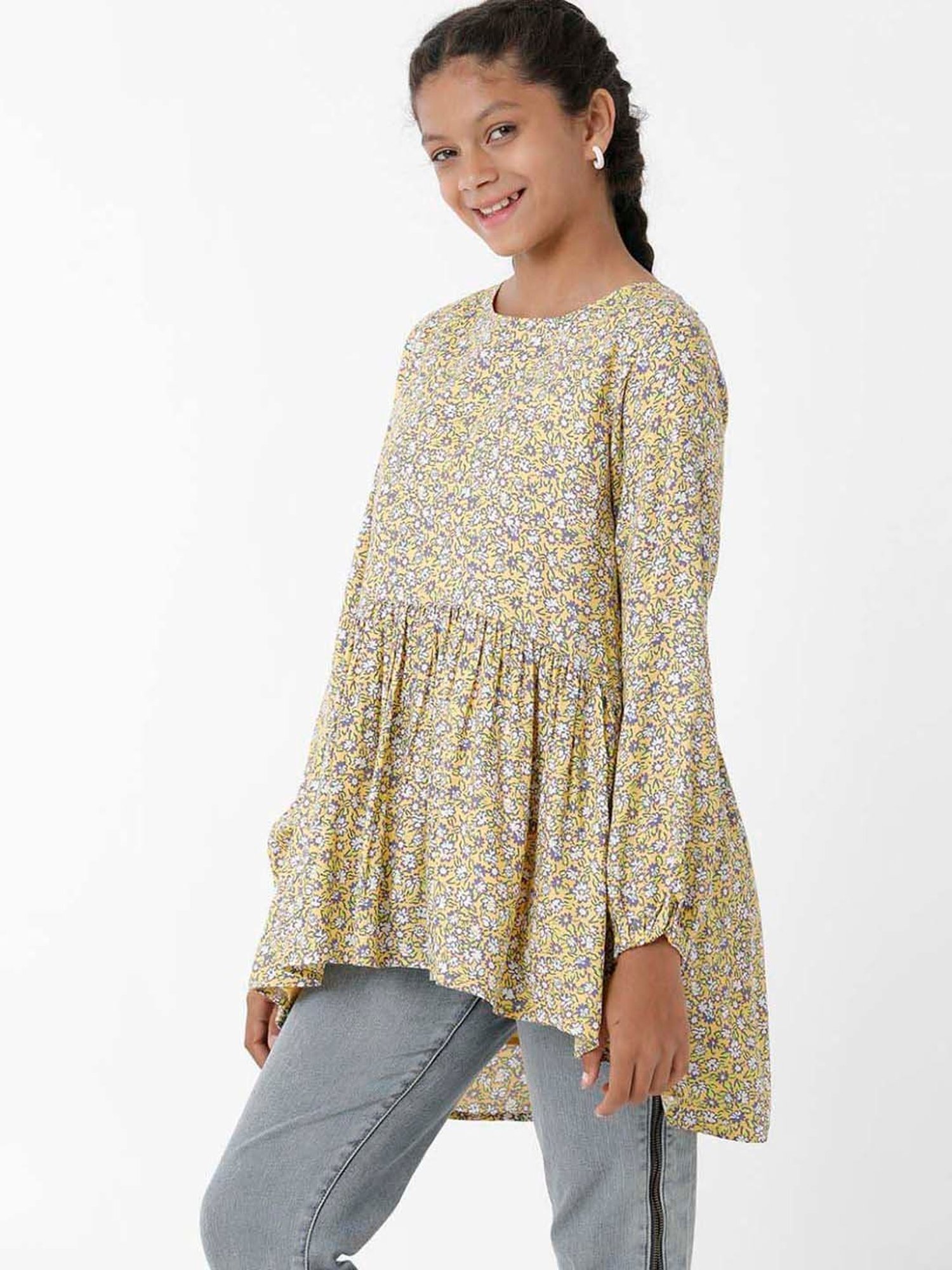 Kate & Oscar Kids Yellow Floral Print Full Sleeves Top