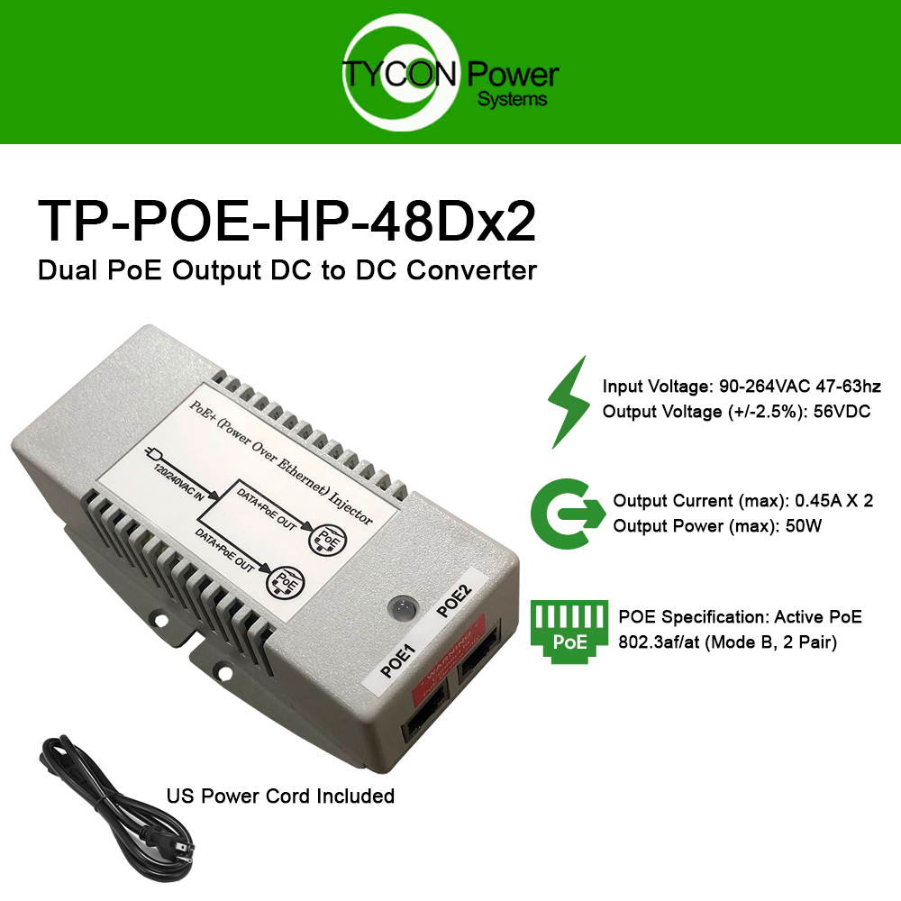 Tycon TP-POE-HP-48DX2 120/240VAC In, Dual 56VDC 802.3af/at Out 50W