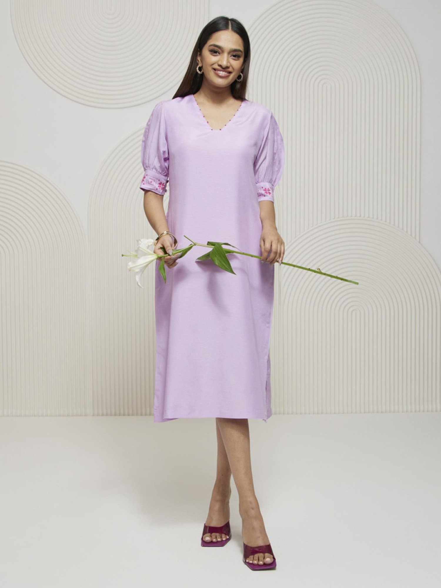 Artagai Lavender Straight Fit Dress with Slit On One and Kantha Embroidery On Cuff